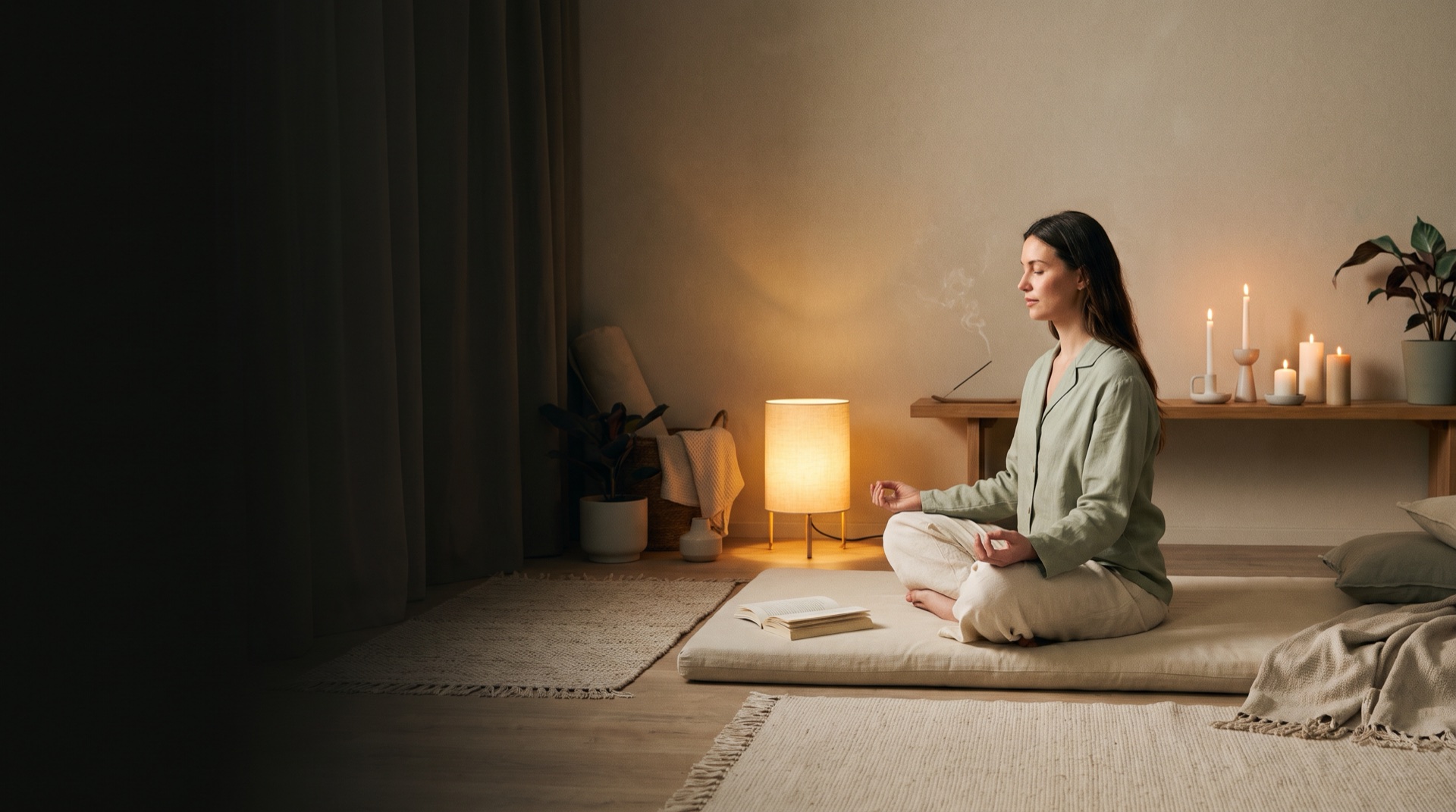 A woman in calm seated meditation in a warm, candlelit yoga room