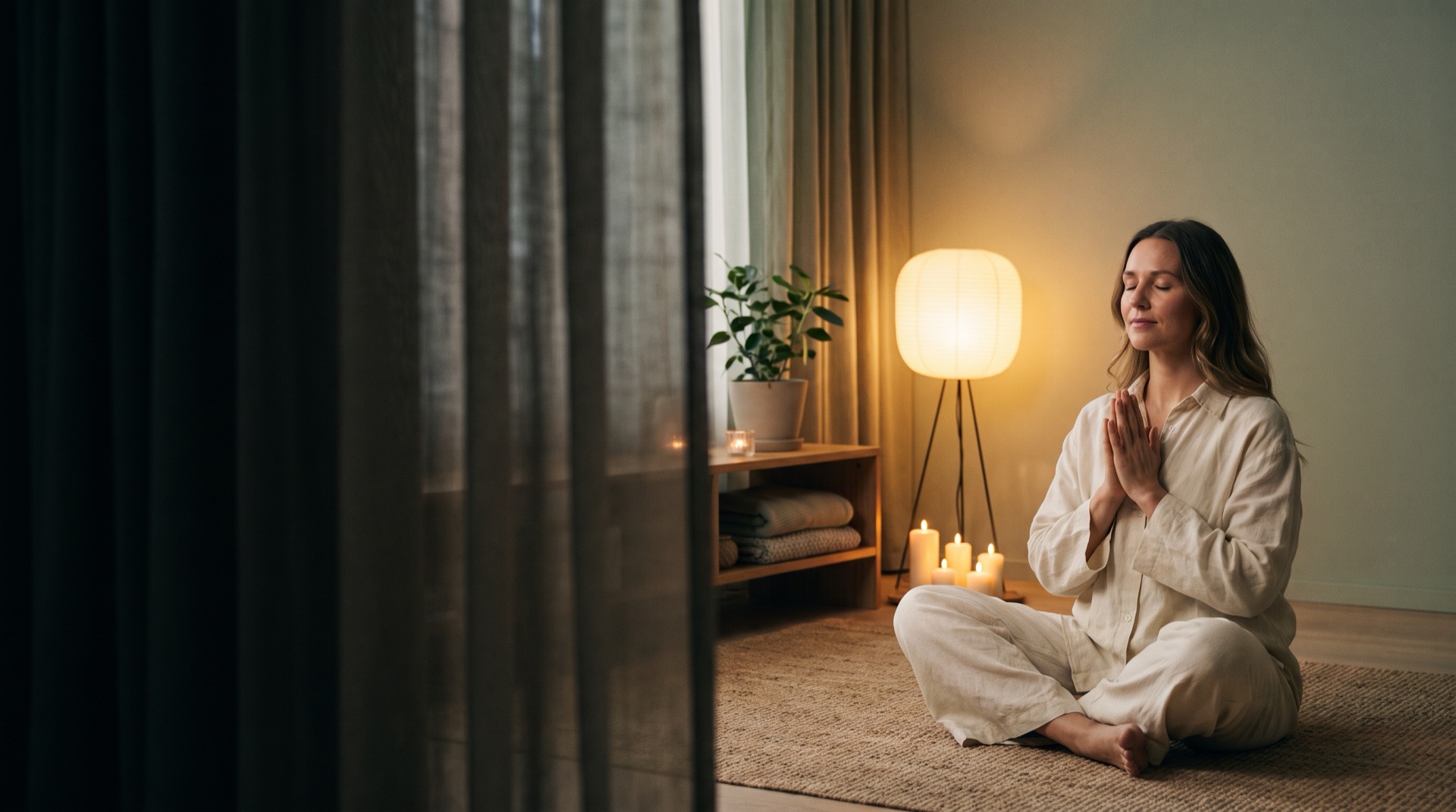 A woman seated with hands at her heart in a warm, candlelit yoga room
