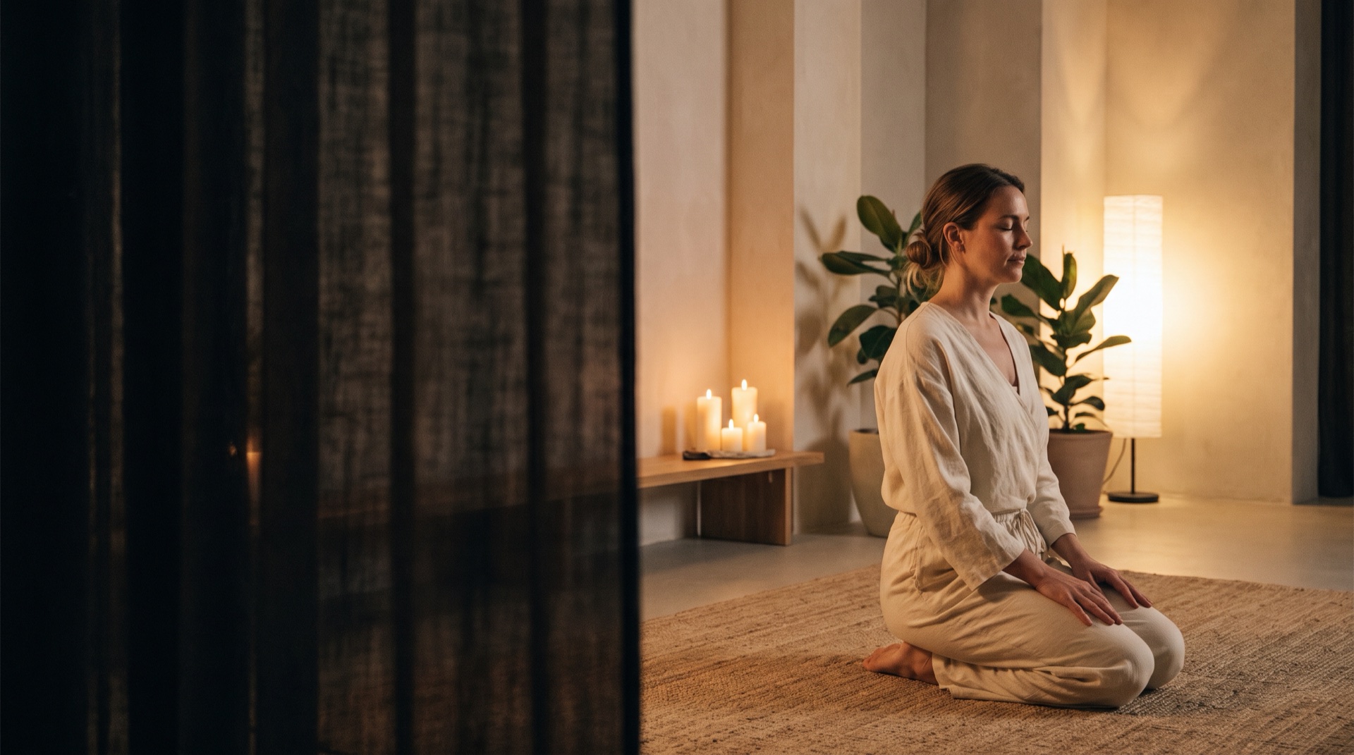 A woman kneeling in quiet meditation in a warm, candlelit yoga room